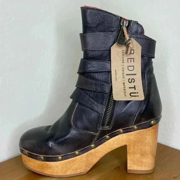 NEW BED STU Moira Black Rustic Leather Buckled Platform Booties Size 6 - Picture 3 of 8